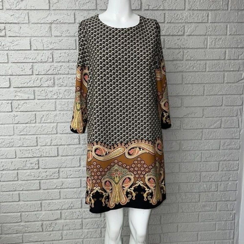 Freeway Women 3/4 Sleeve Paisley Border Print Shift Dress Size M